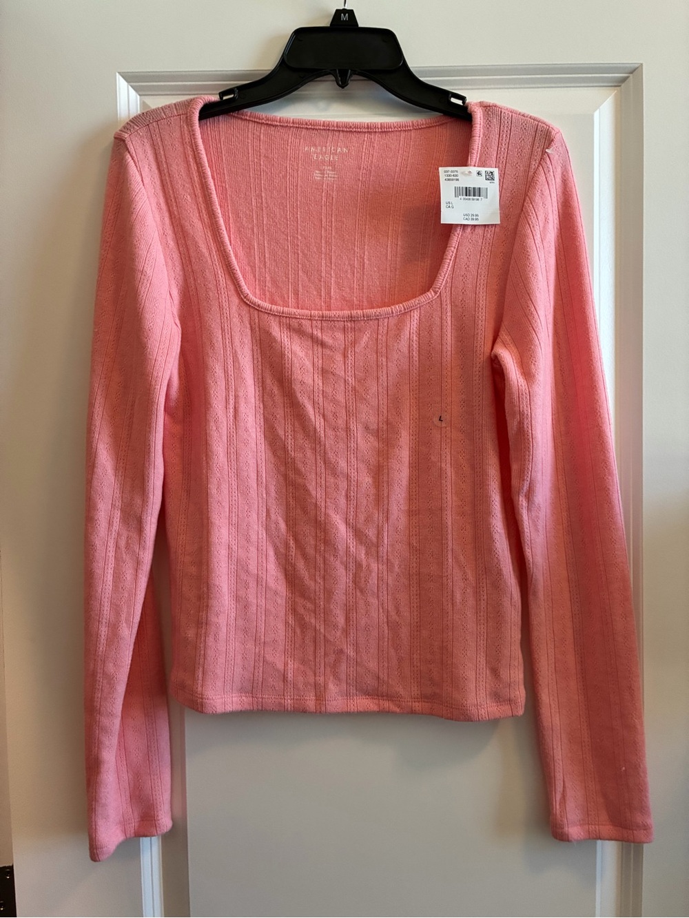 AE Square Neck Ribbed Long-Sleeve Top - Pink
